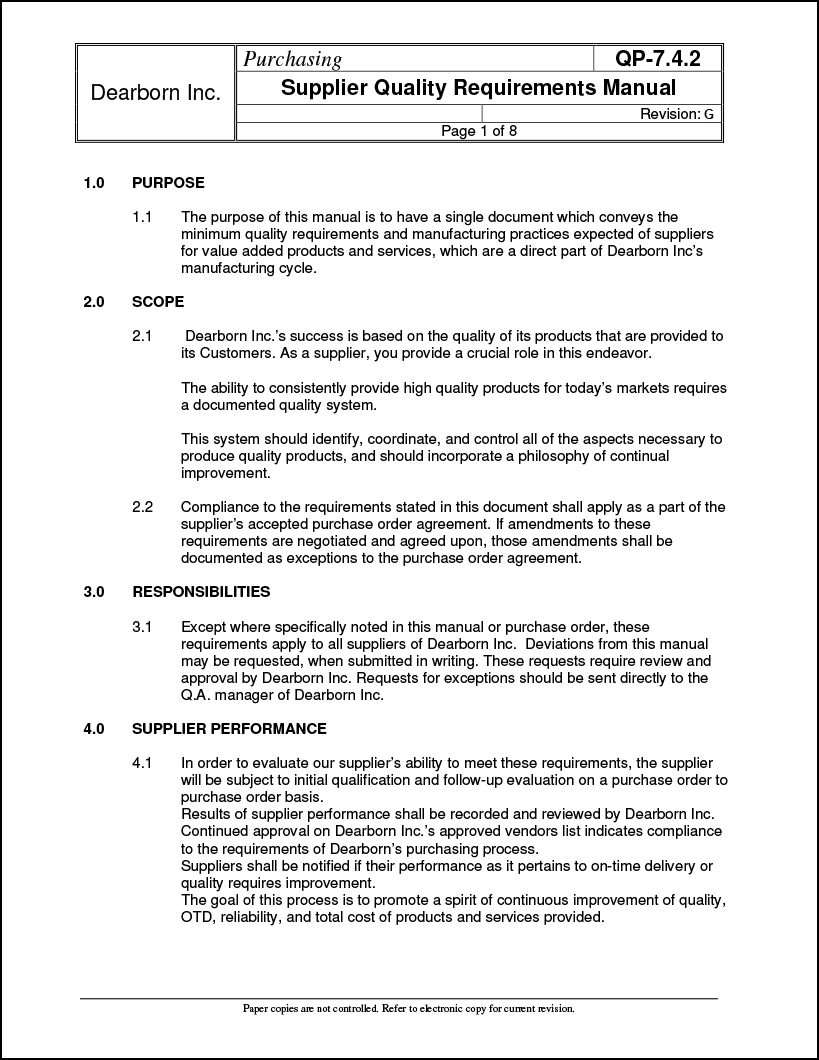 Supplier Quality Requirements Manual | Dearborn, Inc. in Berea, OH